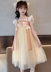Light Yellow Square Collar Patchwork Tulle Girls Long Dresses Summer