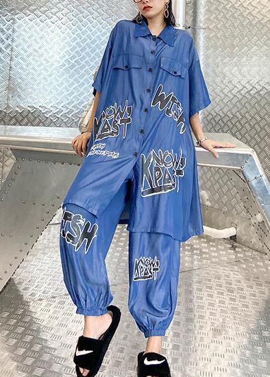 Lightweight and cool summer blue suit women fashion  short sleeve + pants two-pieces - SooLinen
