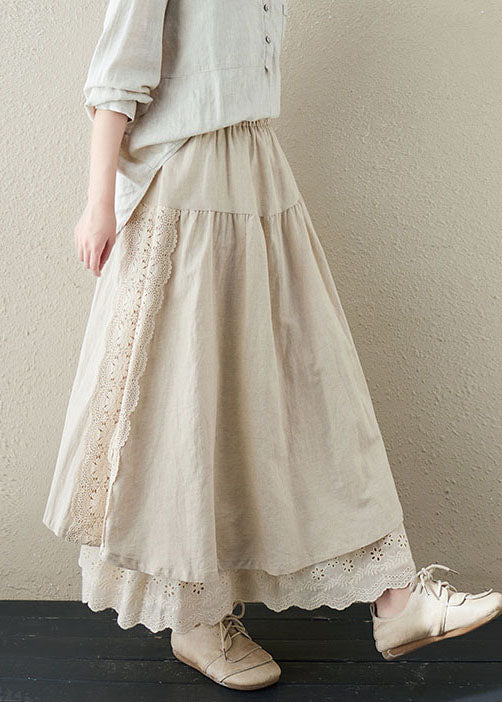 Linen Color Patchwork Linen Fake Two Piece Skirts Wrinkled Embroidered Summer