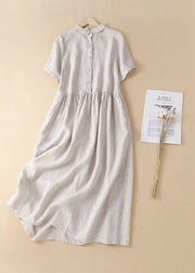 Linen Colour Linen Dresses Wrinkled Button Solid Short Sleeve