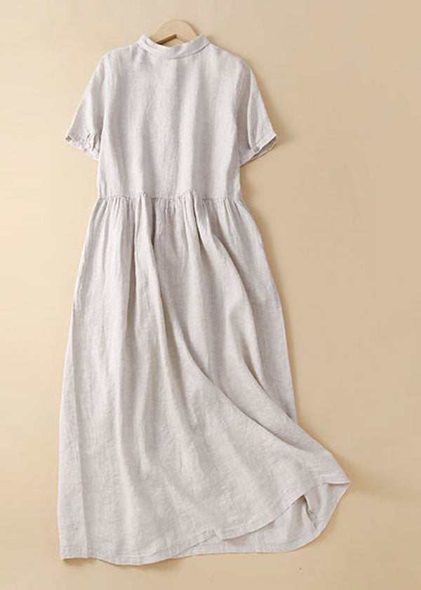 Linen Colour Linen Dresses Wrinkled Button Solid Short Sleeve