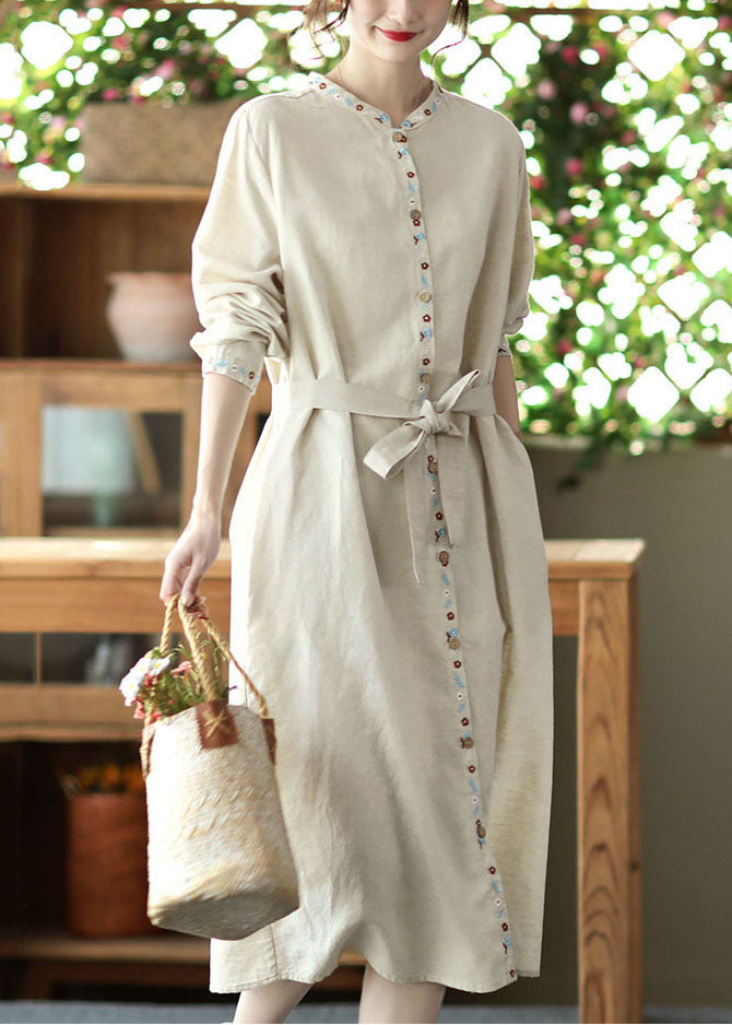 Linen Colour Pockets Patchwork Linen Long Dress Tie Waist Long Sleeve