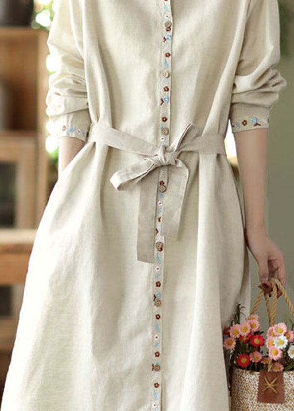 Linen Colour Pockets Patchwork Linen Long Dress Tie Waist Long Sleeve