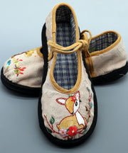 Linen Fabric Animal Embroidery Women Splicing Buckle Strap Flat Shoes