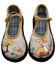 Linen Fabric Animal Embroidery Women Splicing Buckle Strap Flat Shoes