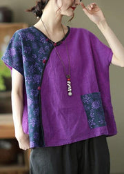 Linen Women Purple Stitching Floral Vintage Short Sleeve T-shirt - SooLinen