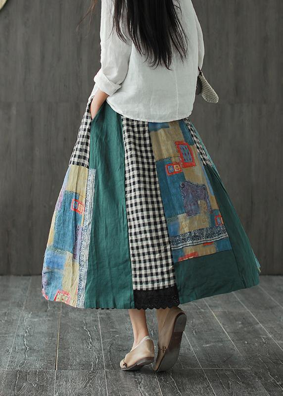 Linen contrast color stitching skirt female spring new retro literary loose elastic waist skirt - SooLinen