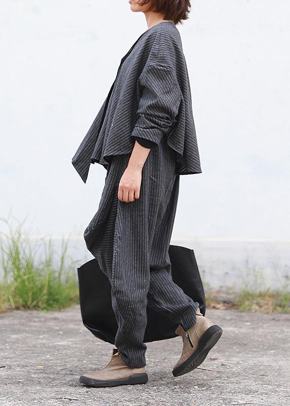 Literary Fan Autumn Lady Grey Woolen Set Short Jacket + Irregular Casual Pants - SooLinen