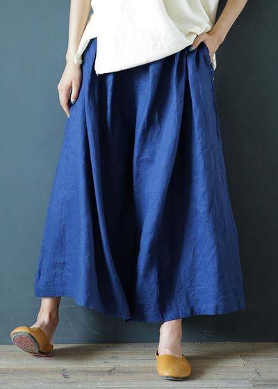 Literary linen navy blue cropped trousers and pants national style - SooLinen