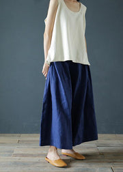 Literary linen navy blue cropped trousers and pants national style - SooLinen