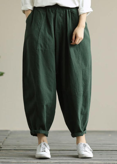 Literary loose green color wild large size elastic waist nine-point harem pants - SooLinen