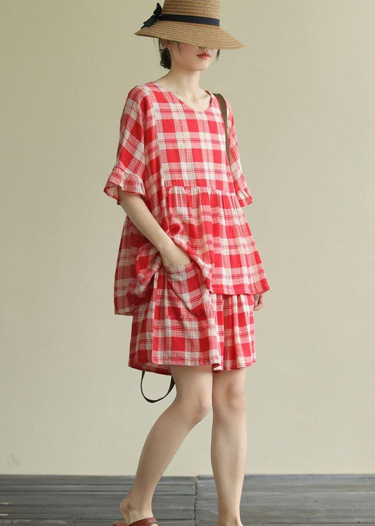 Literary loose round neck stitching top elastic red check pants suit - SooLinen