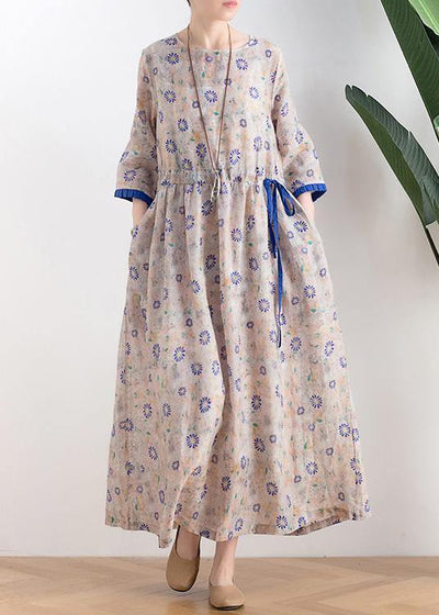 Literary small daisy mid-length dress waist ming 2021 new ramie printed skirt - SooLinen