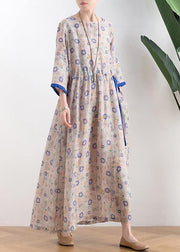 Literary small daisy mid-length dress waist ming 2021 new ramie printed skirt - SooLinen