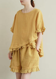 Literary yellow suit lace lace irregular round neck short sleeve shorts two-piece suit - SooLinen