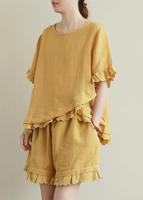 Literary yellow suit lace lace irregular round neck short sleeve shorts two-piece suit - SooLinen
