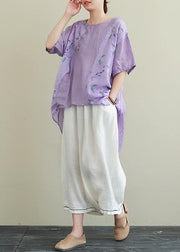 Literature and art ramie purple printed T-shirt female loose cotton and linen nine points wide leg pants two-piece suit - SooLinen