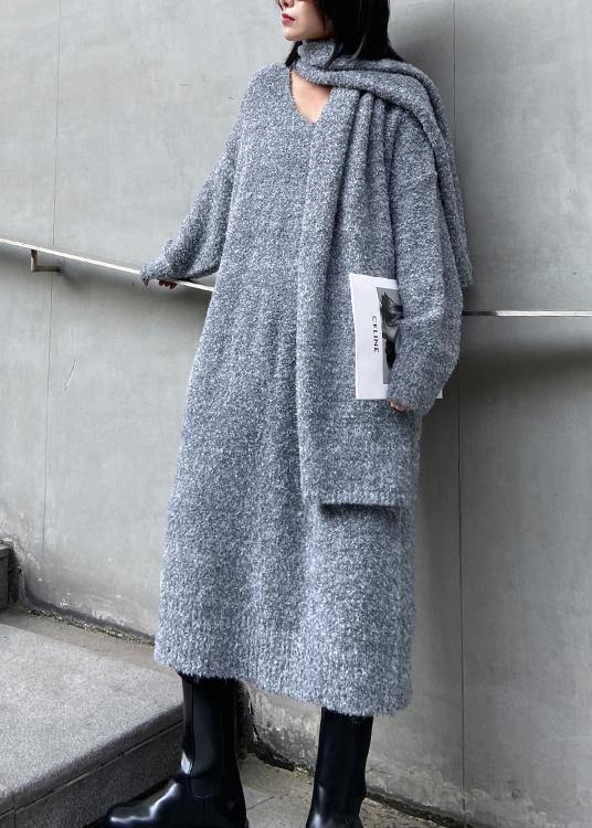 Long woolen dress over the knee thick and loose, bottom with scarf gray knitted dress - SooLinen
