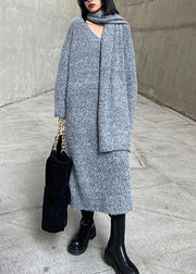 Long woolen dress over the knee thick and loose, bottom with scarf gray knitted dress - SooLinen