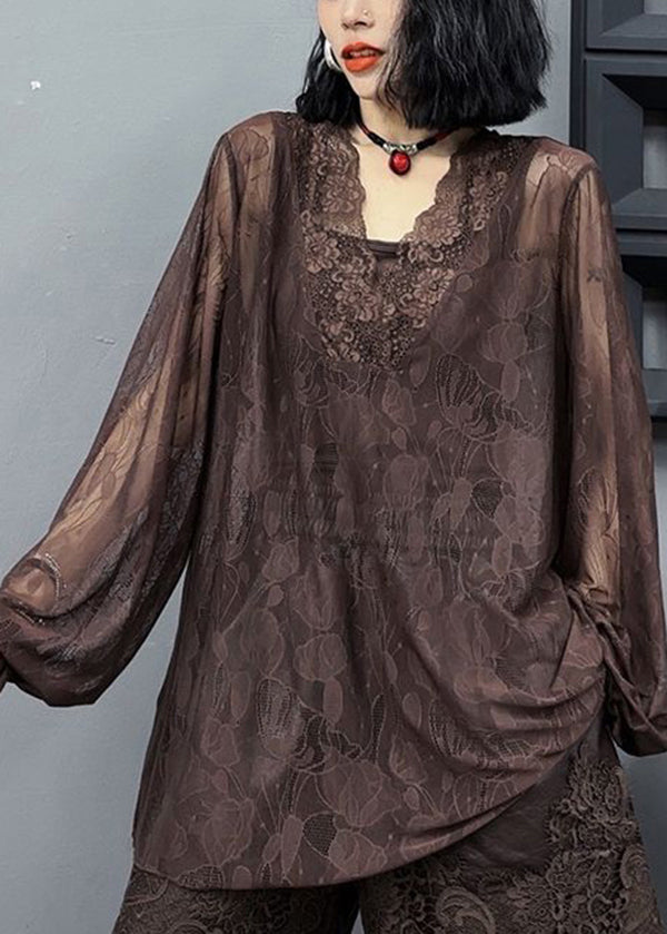 Loose And Versatile Slim V Neck Long Sleeved Coffee Lace Top