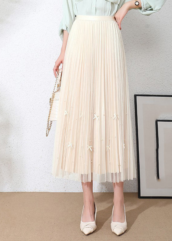 Loose Apricot Bow Elastic Waist Patchwork Tulle Pleated Skirts Summer