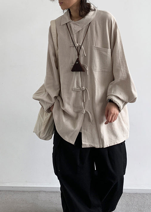 Loose Apricot Chinese Button Patchwork Cotton Shirts Summer