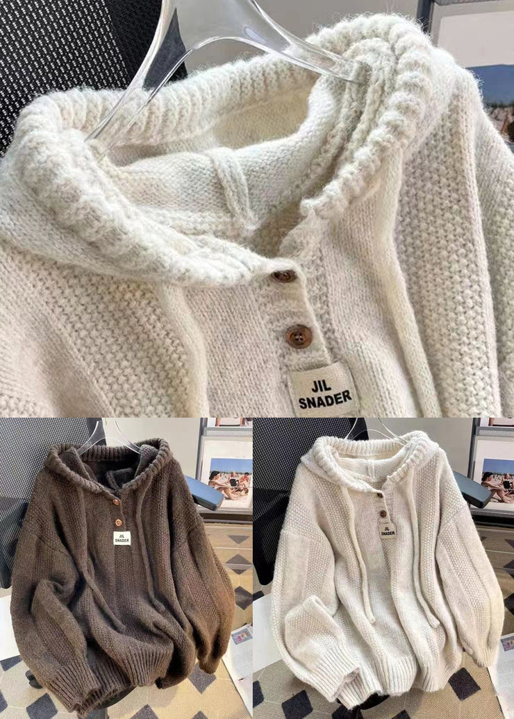 Loose Apricot Hooded Patchwork Cozy Cotton Knit Sweaters Fall