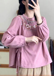 Loose Apricot Lace Up Button Print Cotton Shirt Long Sleeve