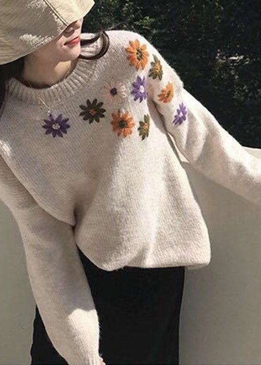 Loose Apricot O-Neck Embroidered Cozy Thick Knit Sweaters Fall