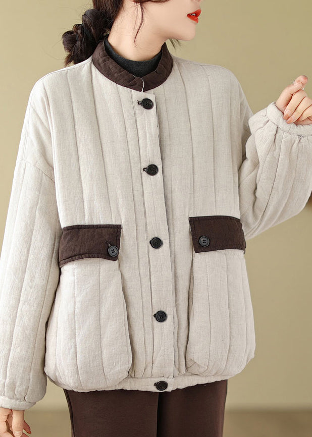 Loose Apricot Pockets Fine Cotton Filled Womens Jackets Winter