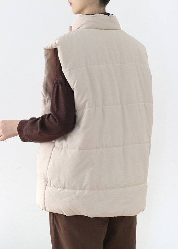 Loose Apricot Stand Collar Zippered Warm Thick Parka Waistcoat Winter