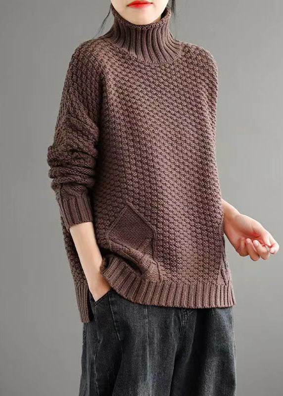 Loose Apricot Turtleneck Patchwork Knitted Cotton Sweaters Fall