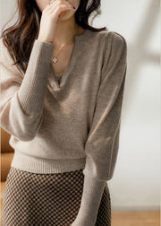 Loose Apricot V Neck Thick Knit Pullover Long Sleeve