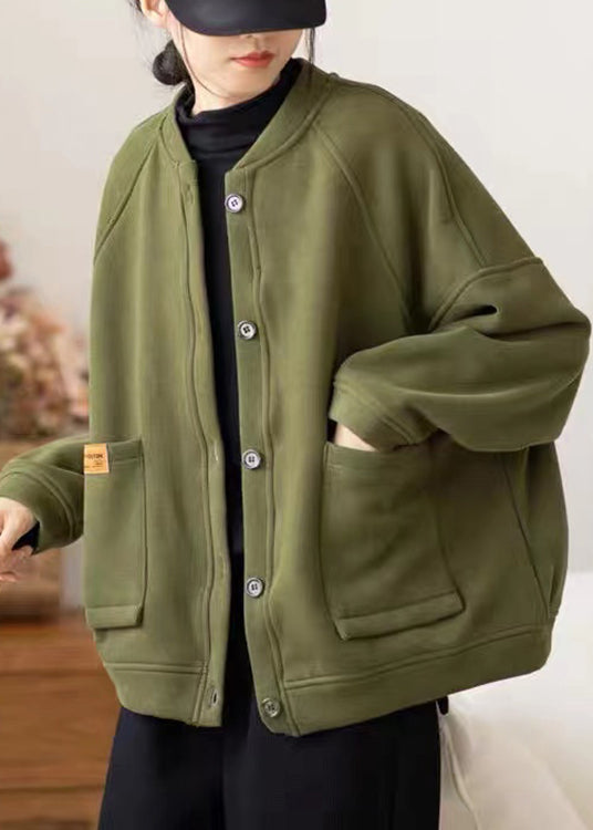 Loose Army Green Button Pockets Warm Fleece Coats Fall
