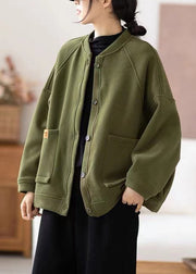 Loose Army Green Button Pockets Warm Fleece Coats Fall