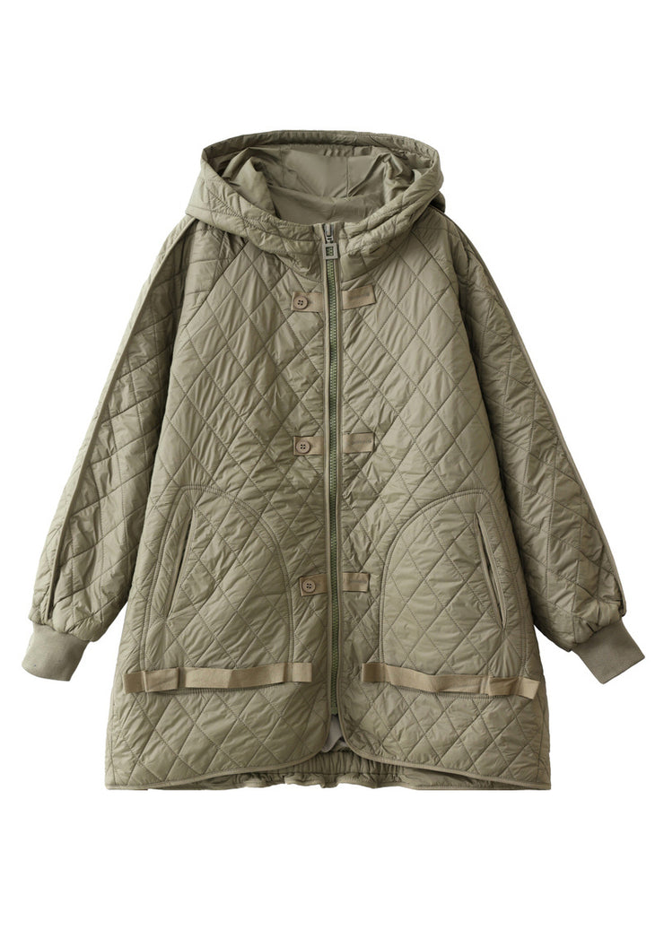 Loose Army Green Hooded Pockets Cotton Filled Parka Winter
