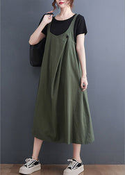 Loose Army Green O-Neck Patchwork Strap Dress Summer
