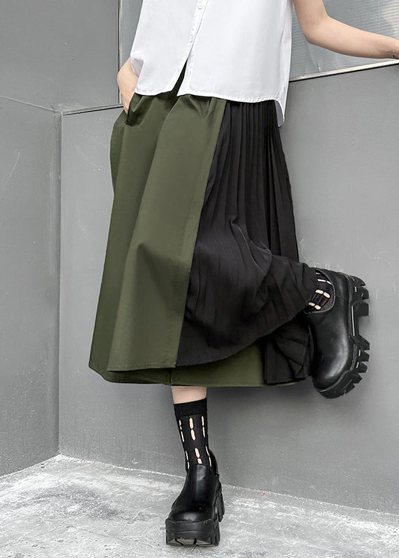 Loose Army Green Pockets Wrinkled Patchwork Cotton Pants Skirt Fall