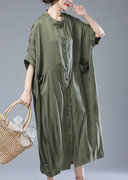 Loose Army Green Striped Pockets Patchwork Long Trench Coat Summer