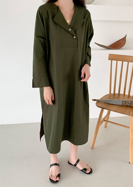 Loose Army Green V Neck Side Open Patchwork Cotton Dress Spring