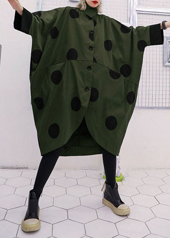 Loose Army Green asymmetrical design Peter Pan Collar dot print trench coats Spring