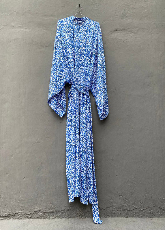 Loose Baby Blue V Neck Print Tie Wais Cotton Holiday Long Cardigans Summer
