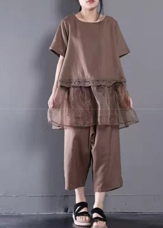 Loose Baggy Chocolate O-Neck Top And Crop Pants Two Pieces Set Summer