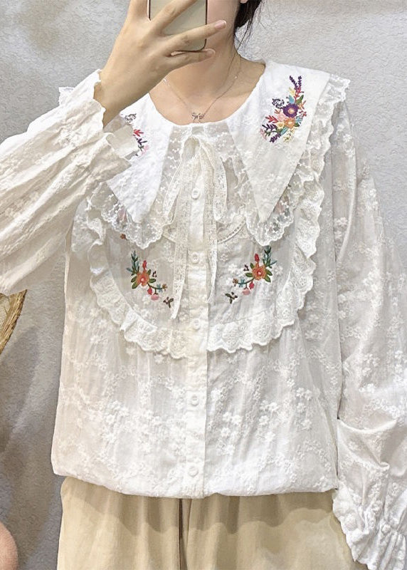 Loose Beige Embroidered Lace Patchwork Cotton Shirt Long Sleeve