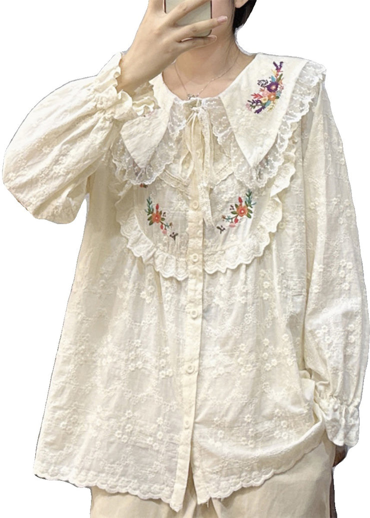 Loose Beige Embroidered Lace Patchwork Cotton Shirt Long Sleeve