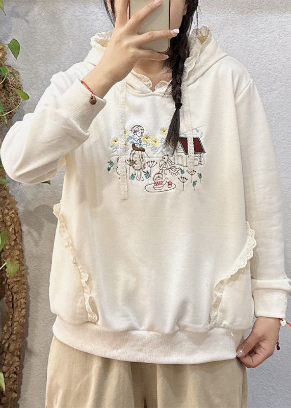 Loose Beige Hooded Embroidered Cotton Sweatshirts Spring
