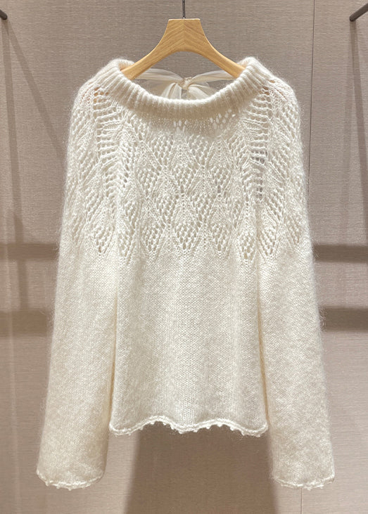Loose Beige Lace Up Hollow Out Knit Tops Long Sleeve