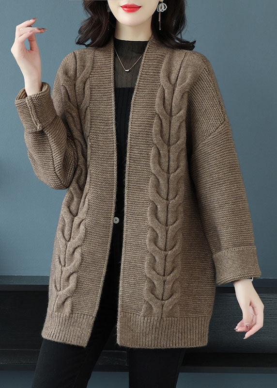 Loose Beige V Neck Patchwork Thick Wool Knit Cardigan Fall