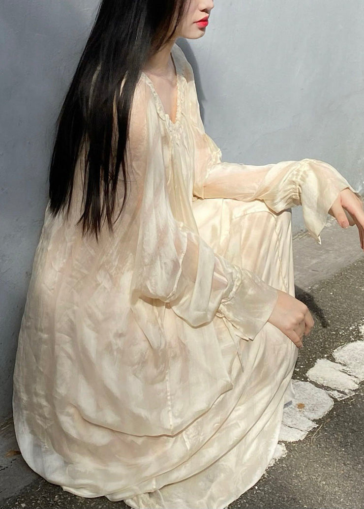Loose Beige Wrinkled Patchwork Silk Dress Long Sleeve