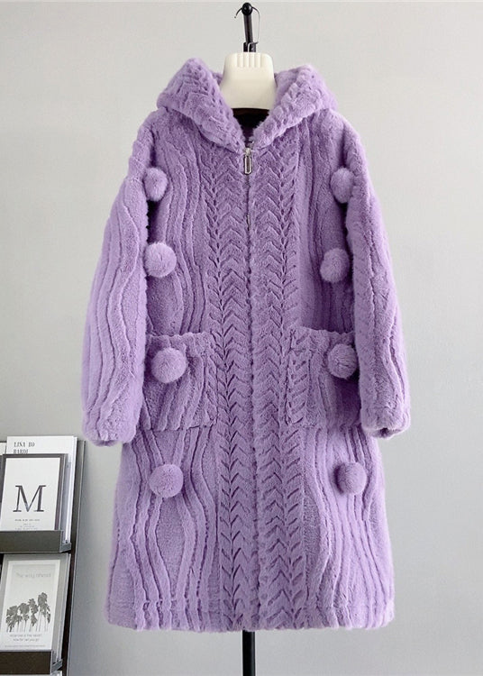 Loose Beige Zip Up Fuzzy Ball Decorated  Mink Velvet Hoodie Coat Winter